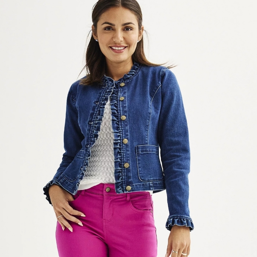 Draper James Blue Jean Jacket Ruffled Floral Buttons Coat Denim Fall